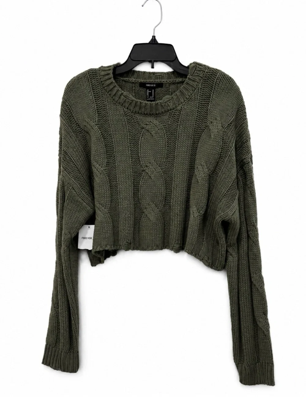 Forever 21 Olive Green Distressed Cropped Cable Knit Sweater - Size Medium